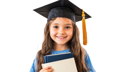 Happy little girl wearing a graduation cap and holding books, celebrating achievement on transparent background