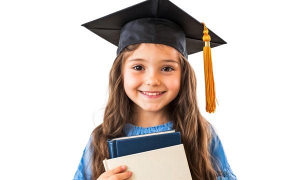 Happy little girl wearing a graduation cap and holding books, celebrating achievement on transparent background - Powered by Adobe