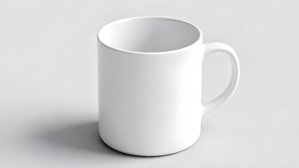 A close-up, high-angle view of a simple, clean, cylindrical white ceramic mug with a handle. The mug is empty and presented as a product template or mockup