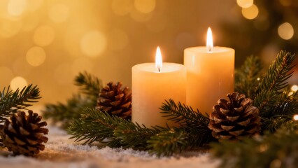 A warm, peaceful scene with Christmas candles and decorations, ideal for promoting cozy winter products and home decor.