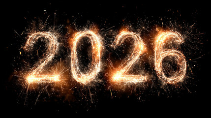 Sparkler-lit 2026 text with glowing embers and soft golden light isolated on white. 