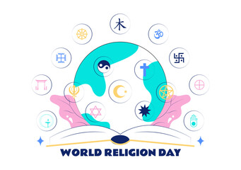World Religion Day Vector Illustration with Symbol Icons of Different Faiths Promoting Unity and Respect Among All Beliefs in a Background