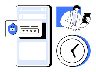 Mobile screen with password lock, security icon, clock symbolizing time management, and professional using tablet, emphasizing cybersecurity, authentication, productivity. Ideal for technology