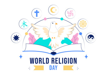 World Religion Day Vector Illustration with Symbol Icons of Different Faiths Promoting Unity and Respect Among All Beliefs in a Background