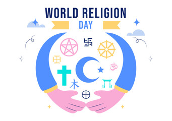World Religion Day Vector Illustration with Symbol Icons of Different Faiths Promoting Unity and Respect Among All Beliefs in a Background