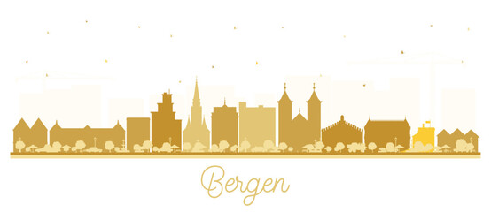 Bergen Norway City Skyline silhouette with golden Buildings isolated on white. Illustration. Bergen Cityscape with Landmarks. Business Travel and Tourism Concept with Historic Architecture.
