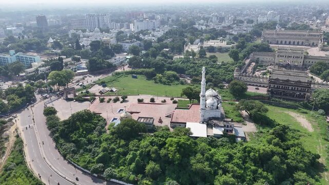 Aerial 4k shot of Teele Wali Masjid, Bara Imambara And Rumi Darwaza at Husainabad, Lucknow, Uttar Pradesh, India