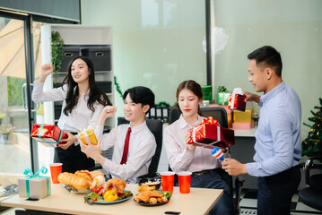 Christmas party! Festive decor, Santa hats, gifts, food, and cheerful coworkers bring joy and togetherness this holiday season