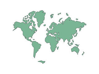 Flat green world map, simplified continents silhouette, global geography graphic, infographic element, travel reference, clean vector artwork