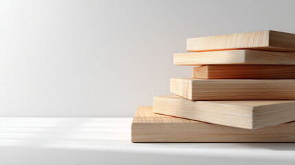 Stack of blank wooden boards arranged neatly with soft shadow on white backdrop.