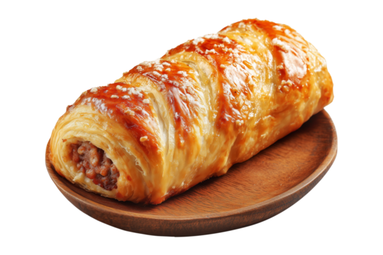 Australia Sausage roll puff pastry filled with minced meat on wooden plate isolated on white transparent background, concept of baked snack or meal