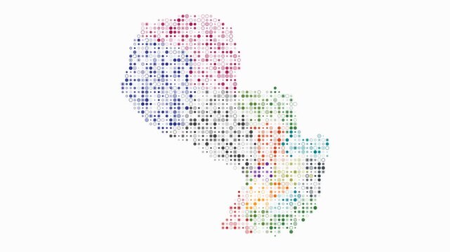 Paraguay animated country shape. Pulsating colored dots on the map of the country. Small size circle blocks. Digital style Paraguay map on white background. Amazing animation video.