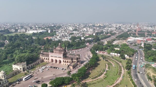 Aerial 4k shot of Rumi Darwaza at Husainabad, Lucknow, Uttar Pradesh, India