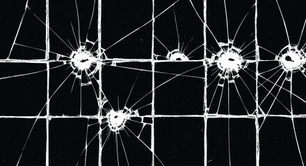 Shattered glass texture, broken panel cracks, impact fracture pattern, radial damage lines, abstract destruction background, high contrast vector illustration