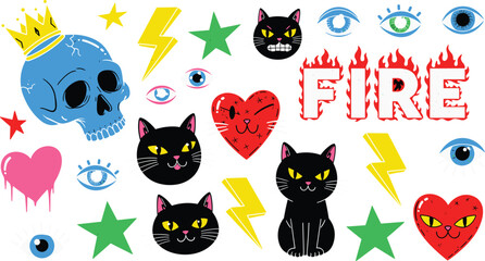 PrintSkull with crown, black cats, hearts, lightning bolts, stylized eyes, fire text, dripping heart, cad drawing flat vector illustration