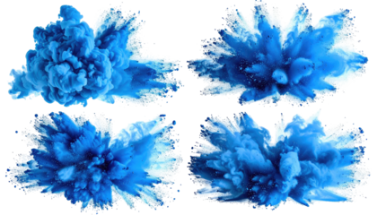 Four cloud-like blue powder explosions against a black backdrop