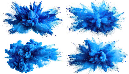 Four blue powder explosions on black background, abstract style