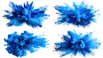 Four blue powder explosions on black background, abstract style