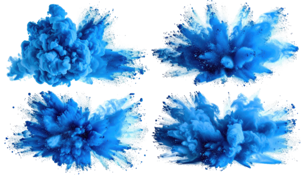 Four cloud-like blue powder explosions against a black backdrop