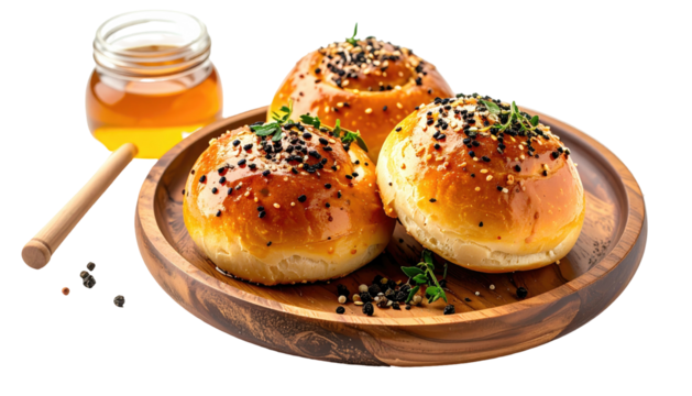 Golden buns on wooden platter, with honey and herbs aside