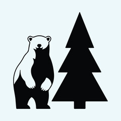 Vector Bear with christmas tree simple monochrome silhouette illustration