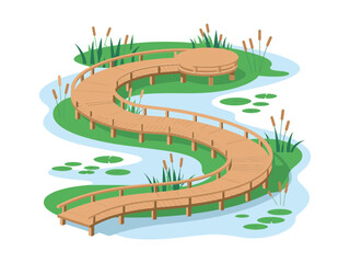 Curving wetland boardwalk, wooden bridge over lily pads, reeds and water plants, nature reserve path, isometric vector