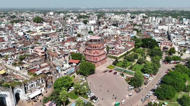 Aerial shot of Satkhanda at clock tower husainabad, Lucknow, Uttar Pradesh, India