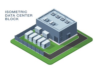 Isometric data center block, server building with rooftop units, fenced generators, green base platform, technology infrastructure, vector graphic
