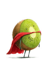 Watercolor illustration of cute kiwi fruit character as superhero with red cape and mask. Funny anthropomorphic fruit mascot with brown coconut shell back and green kiwi face for children's books