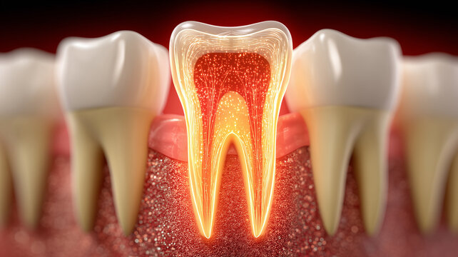 Tooth cross section revealing pulp and nerve network, explaining dental pain pathways and endodontic treatment need
