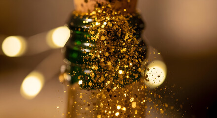 Fototapeta premium Glitter Falling From Bottle with Bokeh Lights Party Celebration Concept