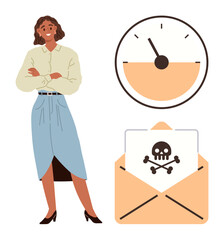 Woman confidently poses near a ticking timer and a hazardous envelope symbolizing urgency and danger. Ideal for deadlines, cyber security, toxic communication, time sensitivity, alerts, scheduling