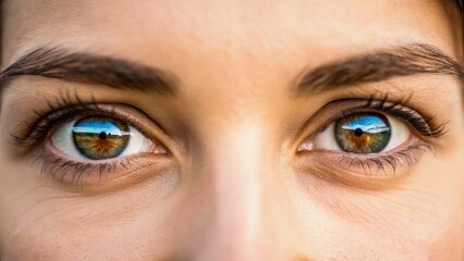 Fototapeta premium Close-up of a person's eyes reflecting a scenic landscape, highlighting the beauty of nature and human connection.