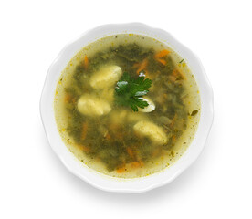 Bowl of tasty green borscht with egg on white background