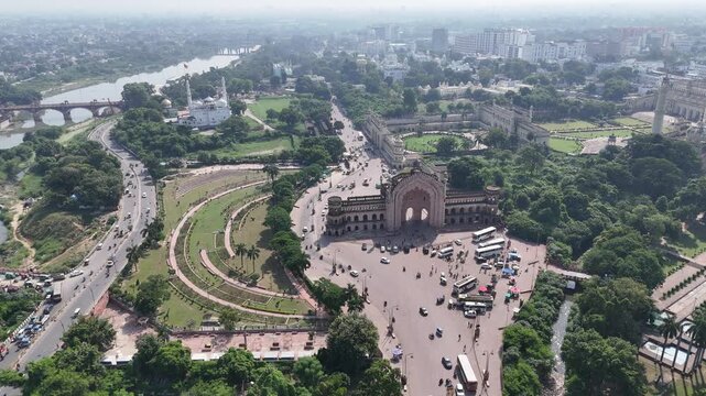 Aerial 4k shot of Rumi Darwaza at Husainabad, Lucknow, Uttar Pradesh, India