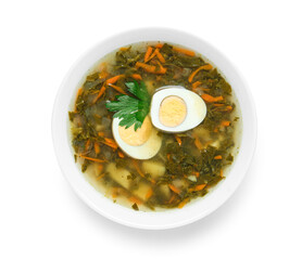 Bowl of tasty green borscht with egg and parsley on white background
