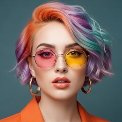 Trendy fashion portrait of young woman with pastel gradient bob haircut, wearing round two tone sunglasses and gold earrings, representing individuality and creative beauty expression