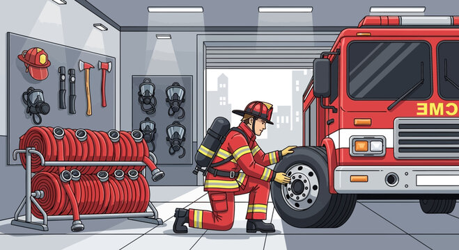 Dedicated firefighter inspecting the fire engine's tire inside the station garage