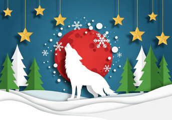 Merry Christmas and winter season greeting card with a wolf and full moon in a forest. Paper art of a wolf howling at a red full moon in a winter forest. 