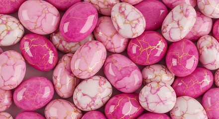 Close up of smooth polished marble stones in soft pink and white tones with shimmering gold veins, evoking a sense of calm, beauty, refined luxury for spa decorative setting or wellness themes