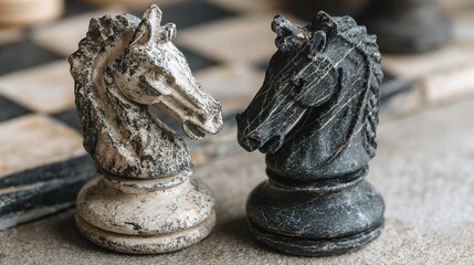 Black-and-white chess knights face-off: white horse vs black on empty board, top-view minimal with copy space, symbol of business rivalry or strategic alliance for pitch deck, consulting report or tra