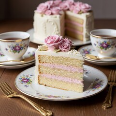 Beautiful dessert presentation showing a slice of layered vanilla cake with pink filling, topped with sugar roses, served on fine floral china next to a teacup in a classy vintage tea setting