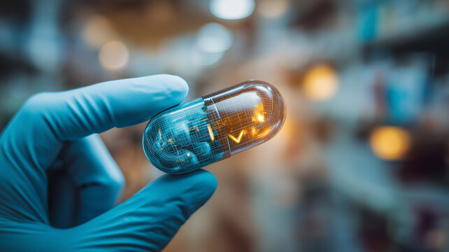 A detailed Digital Therapeutics Smart Pill held by a researcher in a laboratory environment, illustrating connected pharmacology and data driven healthcare