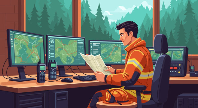 Firefighter coordinates emergency response using maps and technology in a dispatch center