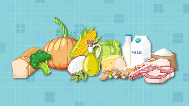 Animated Assembly of Diverse Food Groups on Blue Background