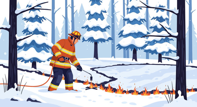 Winter forest fire suppression: A firefighter creating a control line in snow