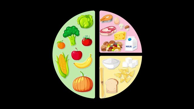 Animated Food Group Pie Chart Filling on Black Background