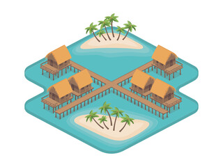 Naklejka premium Tropical water villas, island core with boardwalk ring, palms at corners, crystal lagoon, serene holiday destination vector
