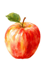 Watercolor illustration of vibrant red apple with green leaf on white background. Hand-painted realistic fruit artwork for food, nutrition, wellness, and culinary design concepts.