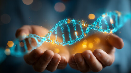 A glowing DNA strand cradled in hands, expressing data driven genomics discovery leading to personalized medicine and scientific innovation.
